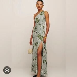 Reformation Sage Green Floral One-Shoulder Maxi Dress